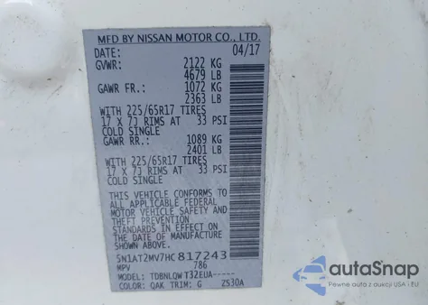 2017 Nissan Rogue Sv из США, поврежденный, VIN 5N1AT2MV7HC817243